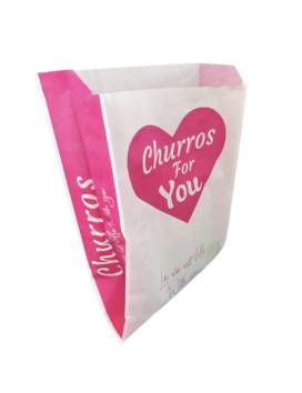 1000 Sachets Churros papier anti gras 29x20 cm - -Rose et blanc churros for you