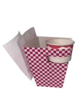 320 Boites 1300 ML avec porte pots à sauce et attache serviette - carton 255 gm2 anti gras - 14x9,1x13 cm - ROSE et BLANC